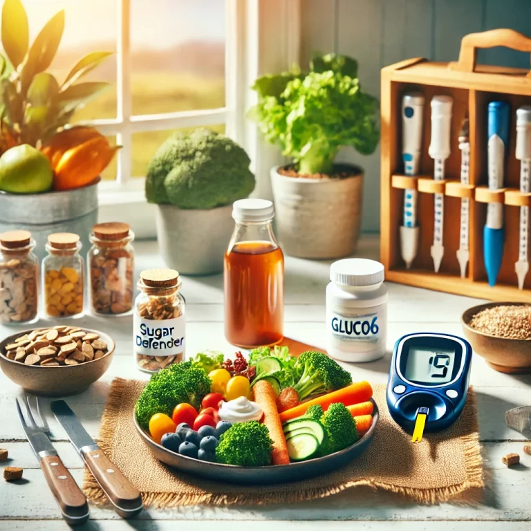 A balanced plate of food, exercise equipment, and natural supplements showcasing ways to reduce blood sugar levels