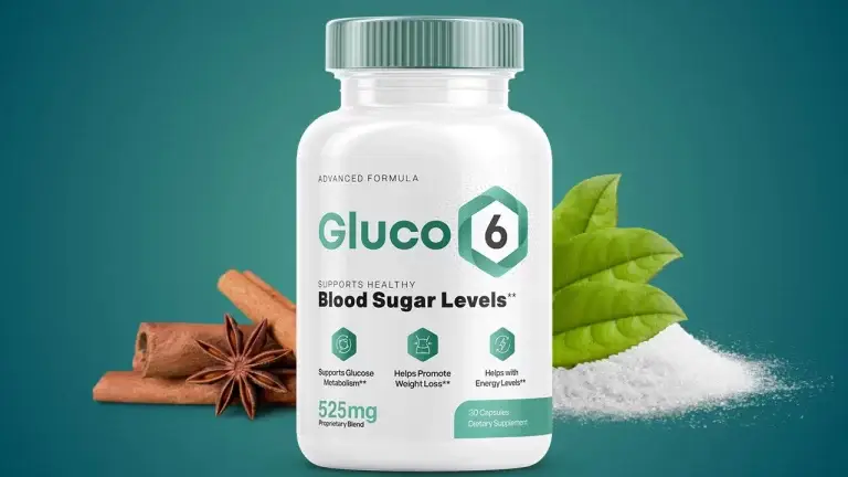 Gluco6 bottle with natural ingredients highlighting its benefits for blood sugar management.