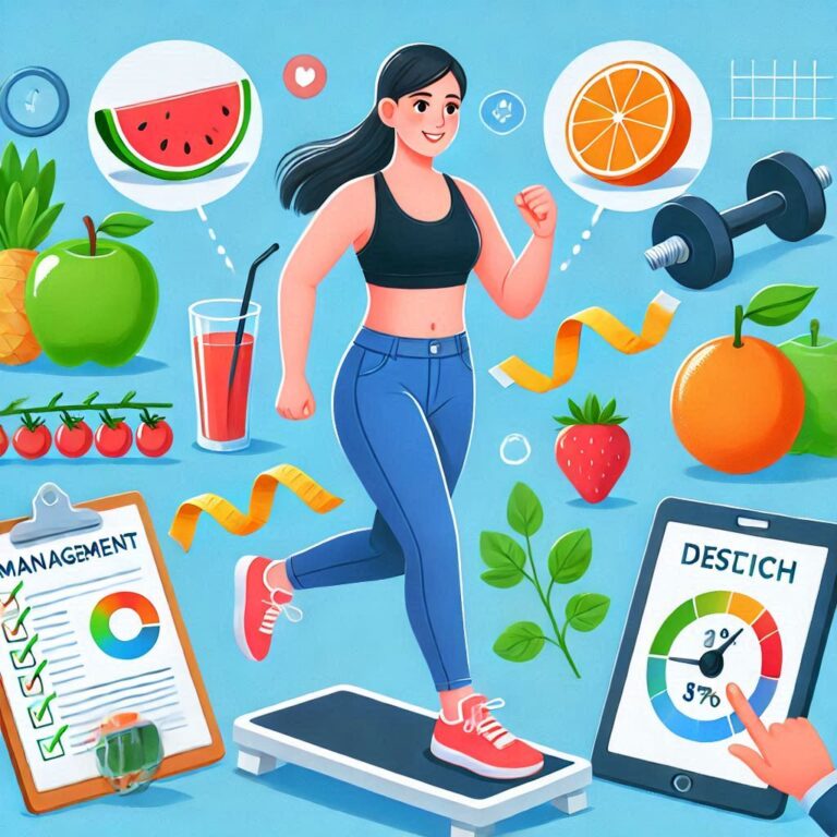 Illustration of weight loss with healthy food, exercise, and lifestyle choices."