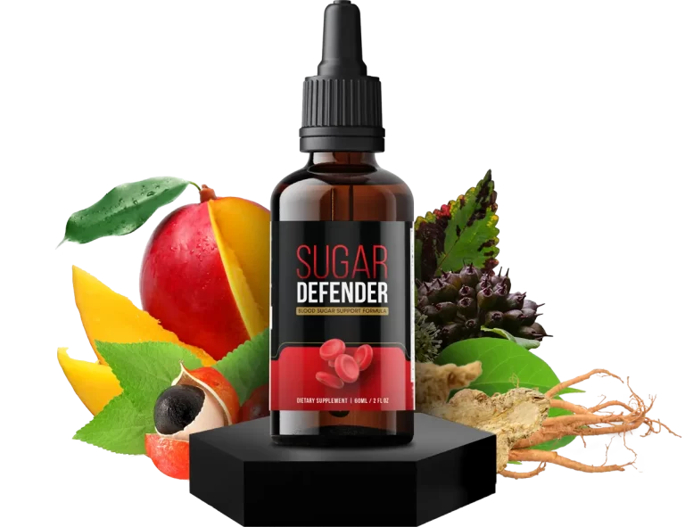 Sugar Defender bottle surrounded by natural ingredients for blood sugar support.