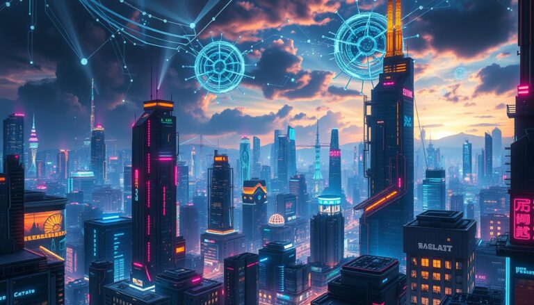 A futuristic cityscape infused with vibrant colors, depicting advanced technology and nature harmoniously coexisting, showcasing robotic elements, neural networks in the sky, and glowing data streams flowing through urban architecture, embodying the limitless potential of artificial intelligence.