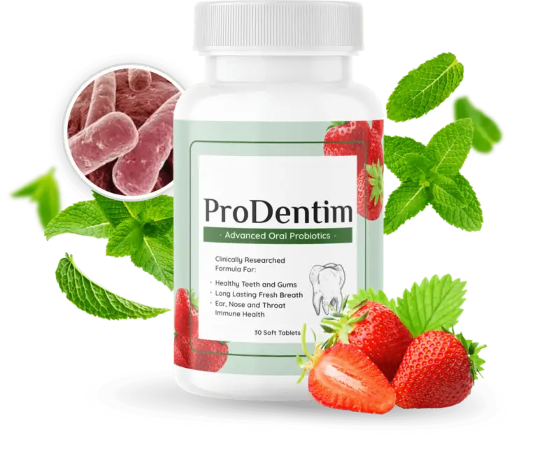 "ProDentim oral health supplement bottle alongside fresh mint leaves and a radiant smile."