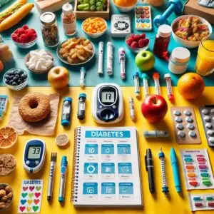 Illustration of diabetes management with healthy food, exercise, and medical monitoring.