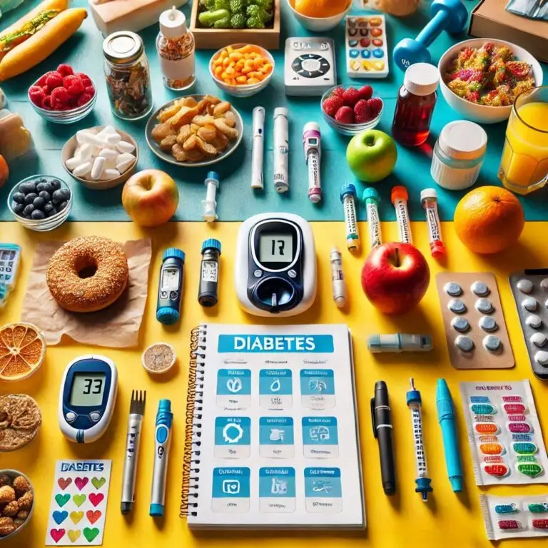 Illustration of diabetes management with healthy food, exercise, and medical monitoring.