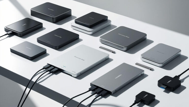 Various models of external HDDs and SSDs of different capacities and brands, representing the best external storage options in 2025.